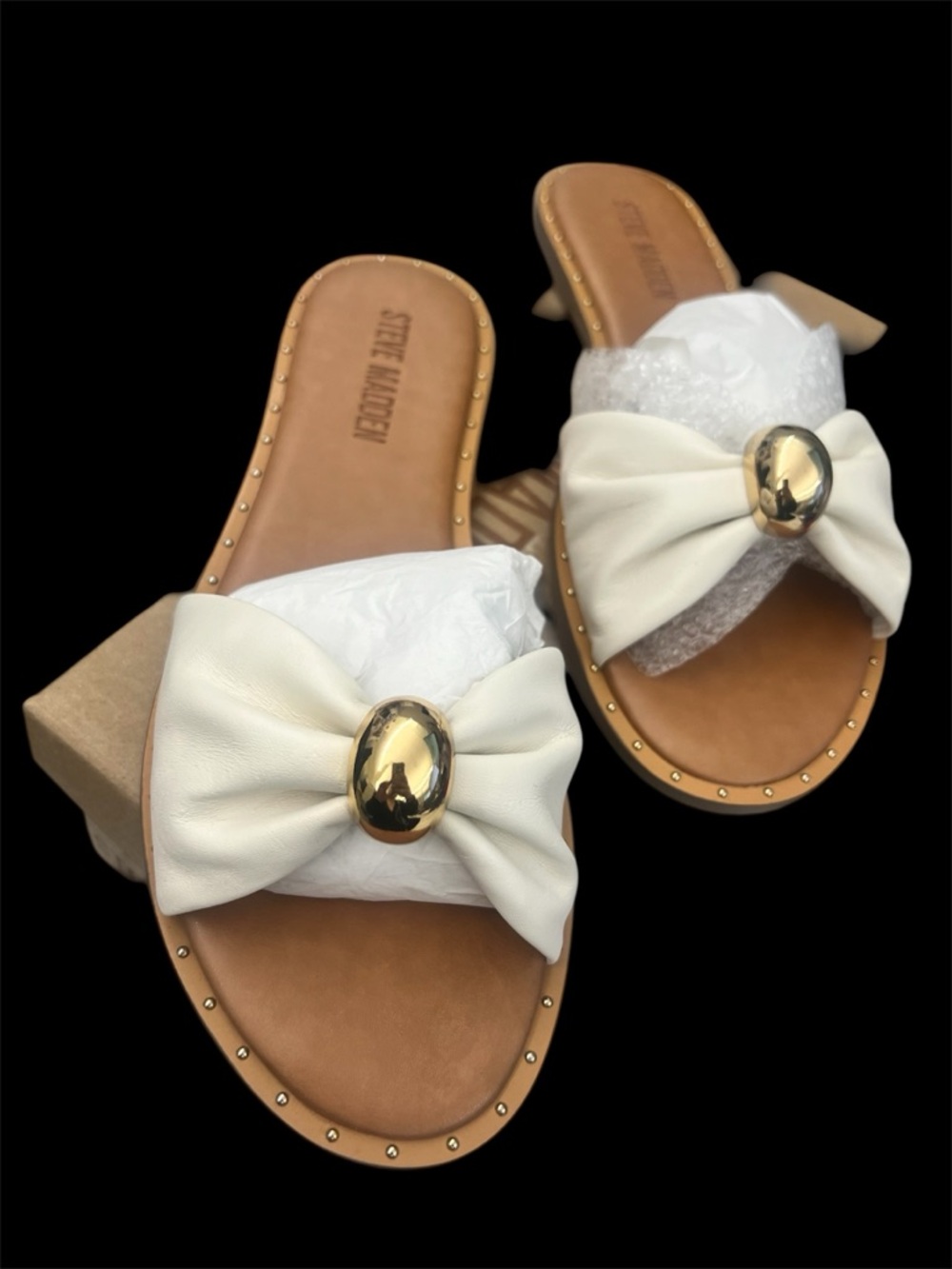 Steve Madden Ivory Bow Slide Sandals with Gold Accent